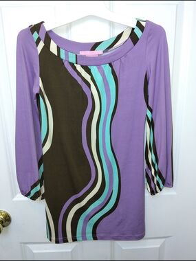 Hype Lavender Scoop-Neck Dress with Teal, Cream & Brown Wave Print 🪻